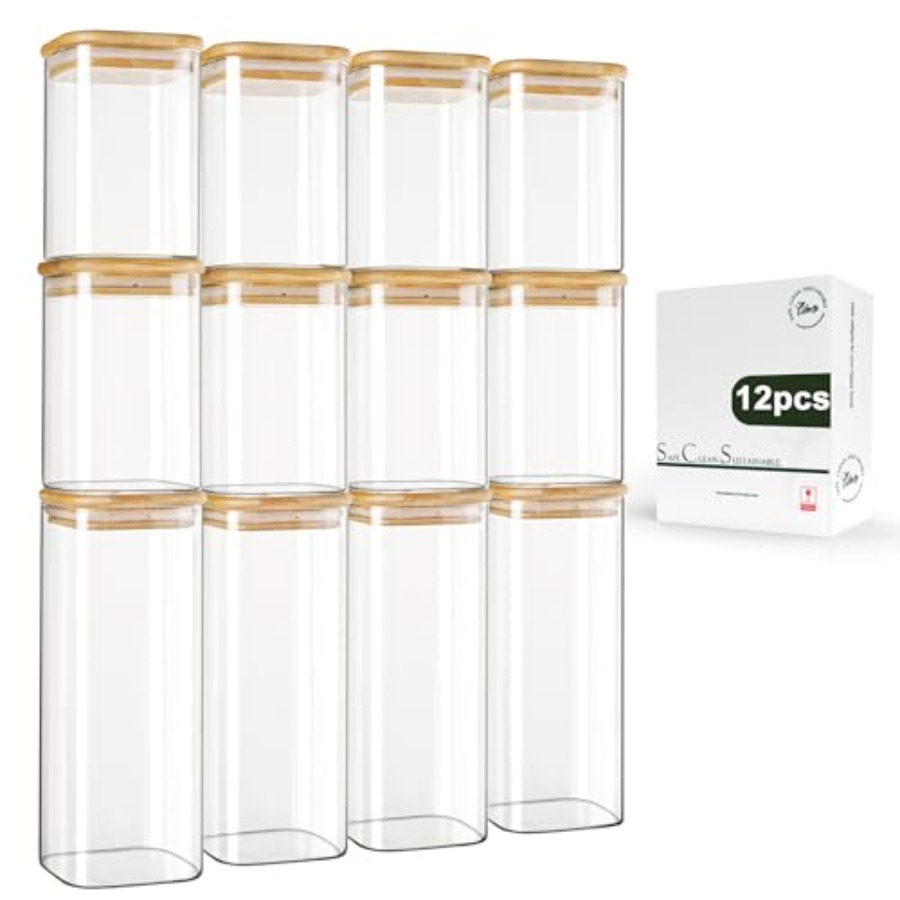 Food Storage With Lids - 12-Pack Square Glass Storage Jars with